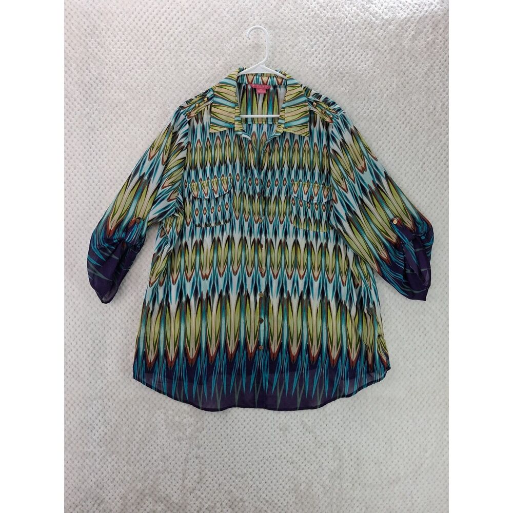 Sunny Leigh Woman's 2XL Sheer Printed Button Up Blouse